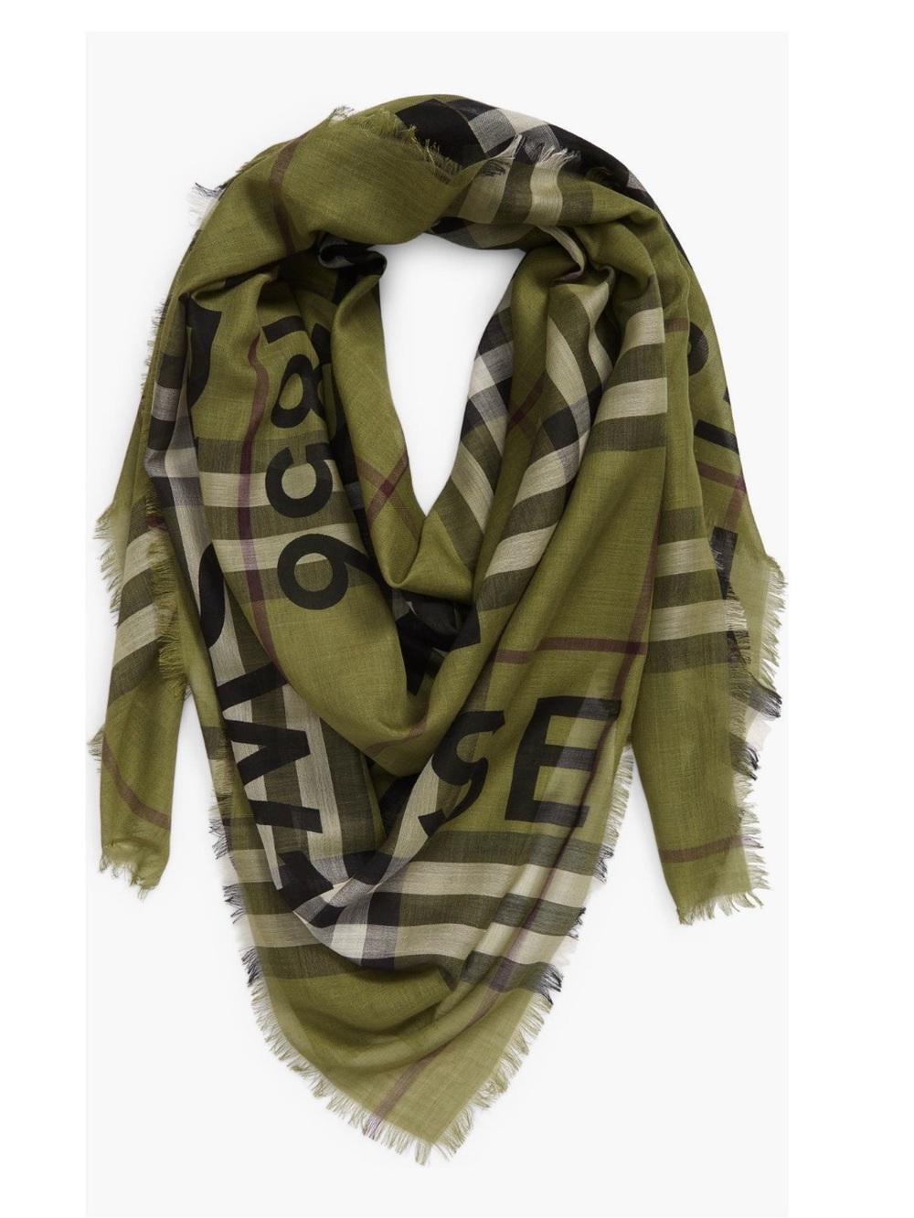 Burberry Horseferry Giant Check Fringe Trim Wool & Silk Scarf OLIVE GREEN NWOT